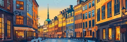 Stockholm's Historic Gamla Stan at Dusk: A Warm Stylized Cityscape photo