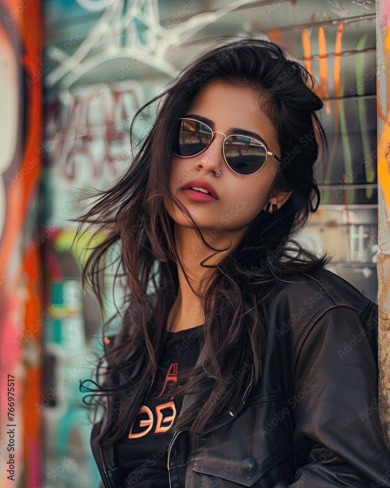 Indian woman model dressed in trendy fashion wearing sunglasses Indian woman model dressed in trendy fashion wearing sunglasses