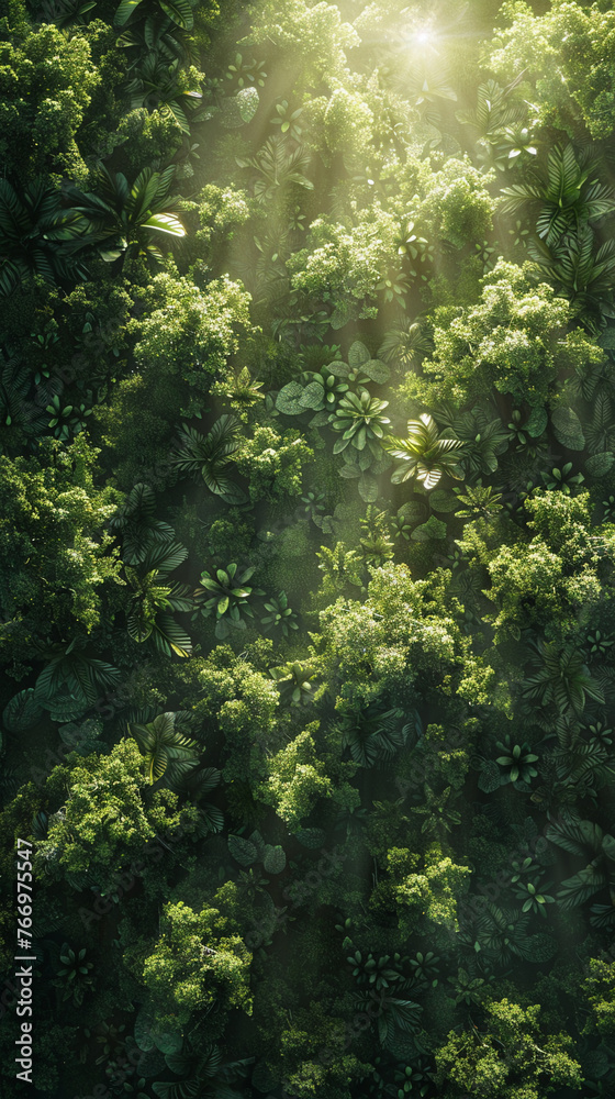 Obraz premium Enchanted forest, ancient trees, mysterious and dense foliage, sunlight filtering through leaves, creating a play of light and shadow, in a dreamy 3D rendering with a lens flare effect