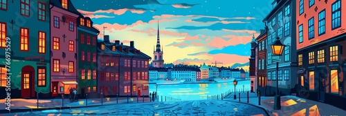 Stockholm's Historic Gamla Stan at Dusk: A Warm Stylized Cityscape photo