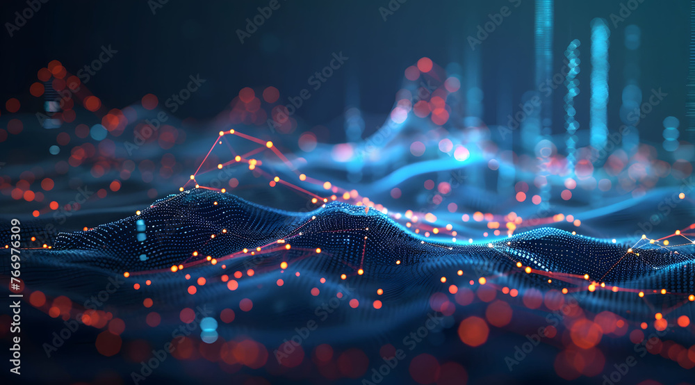 Abstract geometric network on dark blue background, illustrating the concept of network line connections and data connections. Blue lines connected with dots illustrate the network structure. - obrazy, fototapety, plakaty 