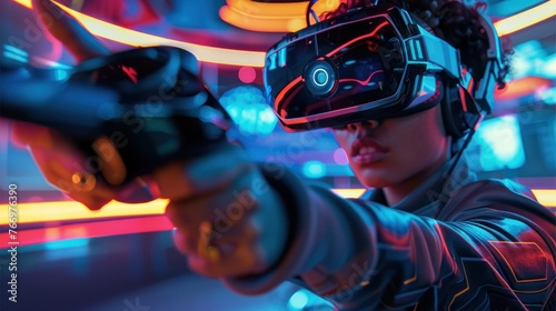 A woman in a virtual reality game is holding a controller and pointing at something. The scene is set in a neon-lit environment, giving it a futuristic and energetic vibe