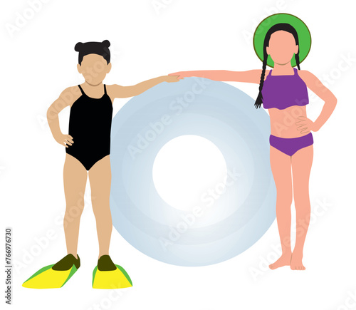 Two Young girls playing with inflatable ring and posing.  Vector illustration design.