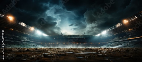 Football field illuminated by stadium lights photo
