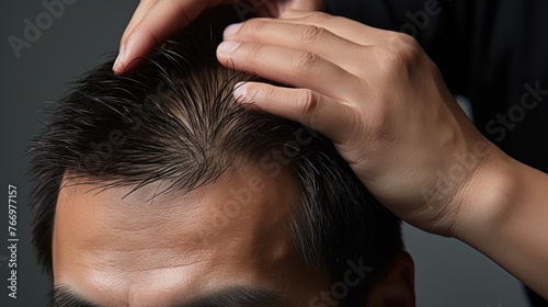 Doctor marking young man's forehead with hair loss problem on grey background