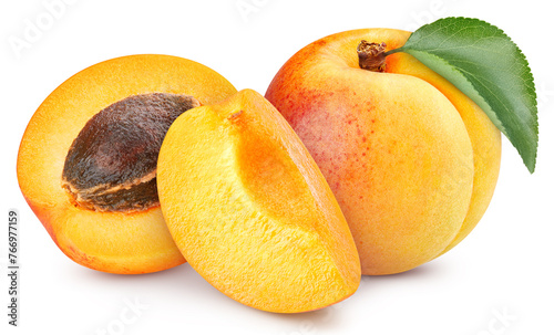Apricot exotic fruit with slice isolated on white background. Apricot Clipping Path. © Maks Narodenko