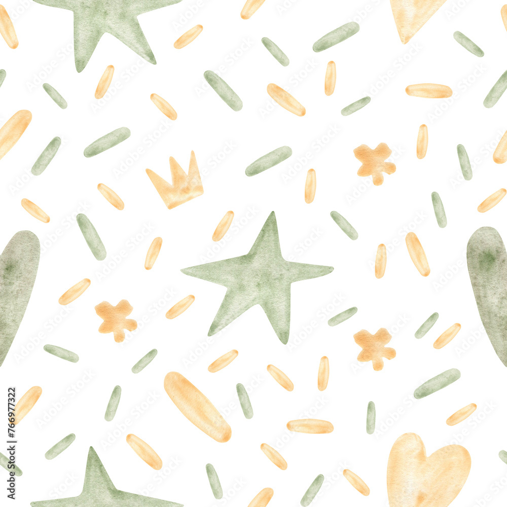 Seamless pattern with hand drawn watercolor large set of abstract shapes collection. Use for poster, print, card. Yellow and green colors. Seamless pattern with hand drawn watercolor large set of abstract shapes collection. Use for poster, print, card. Yellow and green colors.