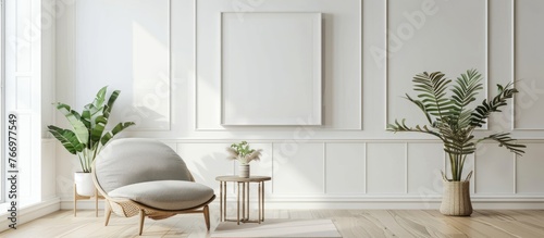 Empty white picture frame mockup displayed on a white wall in a modern boho style interior  showcasing artwork for interior design.
