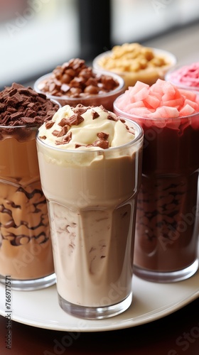 Gourmet milkshakes with various toppings on a plate