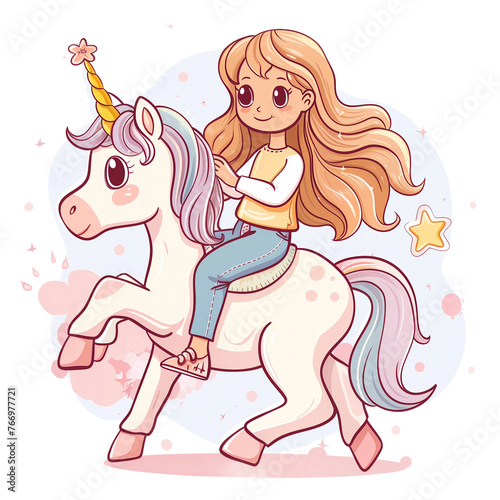 A girl is riding a unicorn with a unicorn horn