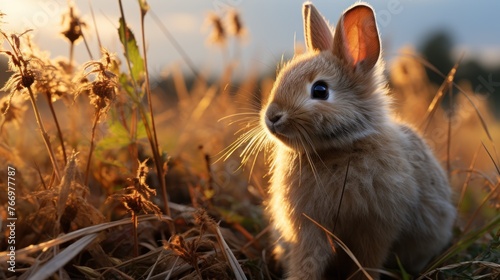 A rabbit is sitting in tall grass at sunset