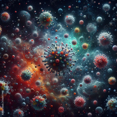 Artistic representation of various colorful virus particles in a dynamic, otherworldly environment, evoking both beauty and complexity of microscopic life. The image serves as a vivid reminder of the