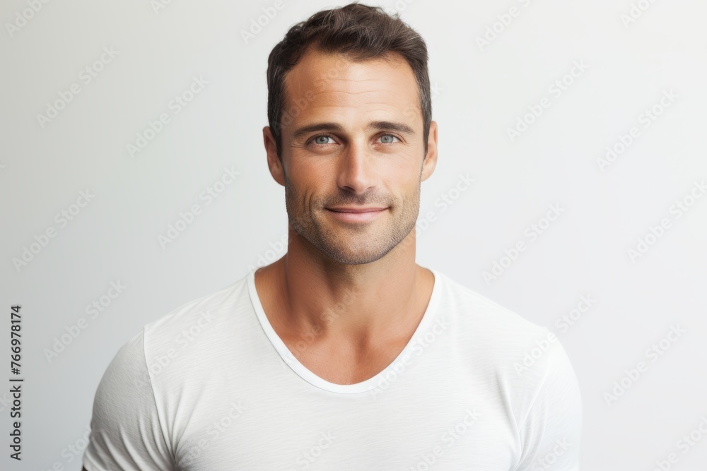 Handsome young man in white shirt looking at camera and smiling while standing against grey background Handsome young man in white shirt looking at camera and smiling while standing against grey background