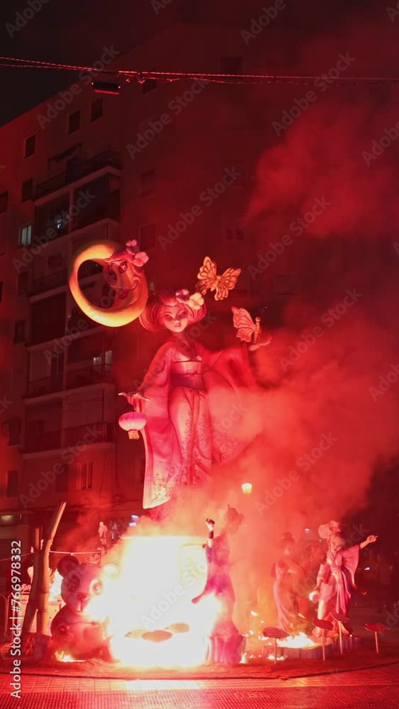 Burning a figure on the last day of the Las Fallas festival. La Crema. Valencia, Spain - March 19, 2024.