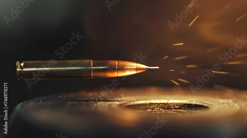 Close-up of a bullet in motion flying in the air with sparks on a blurred background. Copy space. Victory Day. Revolver Day