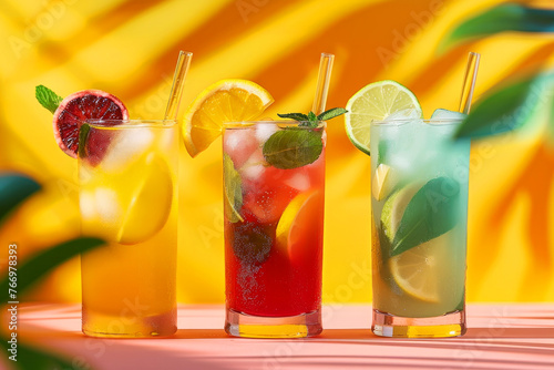 Three glasses of different colored drinks with a lime wedge in each. The drinks on a table with a blue background. efreshing colorful summer drinks on background with shadow photo