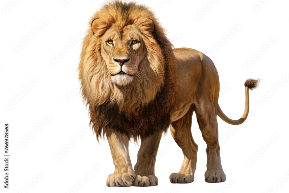 Large Lion Standing Next to White Background. On a Clear PNG or White Background.