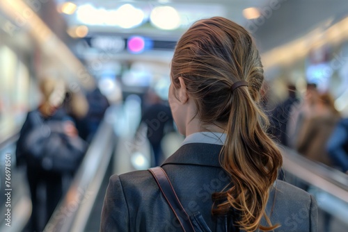 businesswoman, from the back, wearing a business suit on an escalator crowded with people on her way to work