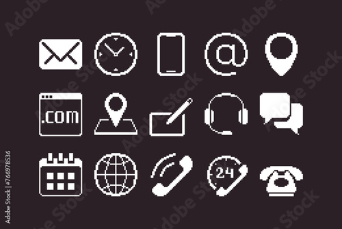 black and white simple flat 1bit vector pixel art set of contact us icons on black background