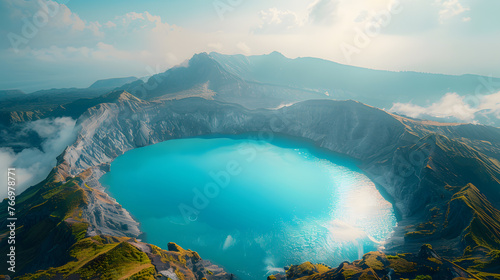 A volcanic crater lake, with turquoise waters as the background, during a caldera formation