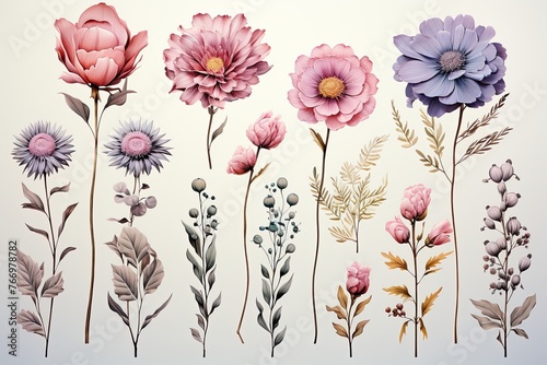 Watercolor botanical set of flowers in delicate pastel shades