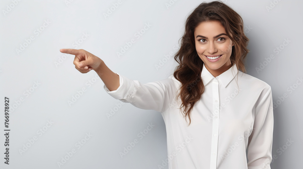 Mockup for advertising with happy female model, pointing to the side at background wall for marketing graphics, space for branding copy and sale deal announcement, blank background Mockup for advertising with happy female model, pointing to the side at background wall for marketing graphics, space for branding copy and sale deal announcement, blank background