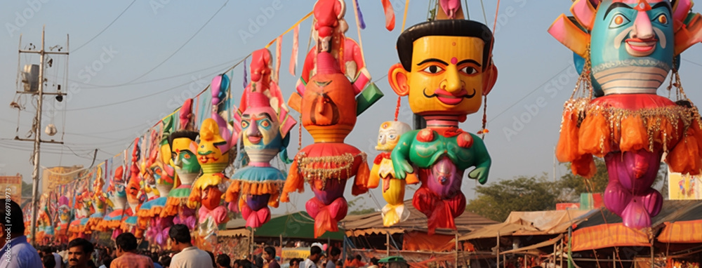 Fototapeta premium wide background banner of Colorful human face mask dummies hanging on streets in Hindu cultural event Dussehra festival