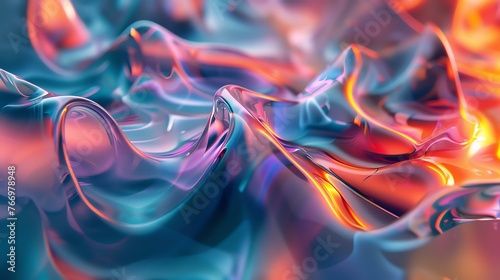 3D rendering. Multicolored fluid shapes. Holographic reflections. Futuristic and trendy. Vibrant colors.