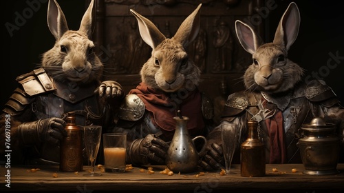 Armored rabbits camaraderie over drinks ai generated anthropomorphic scene