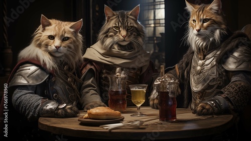 Trio of majestic cats in medieval armor ai generated anthropomorphic scene