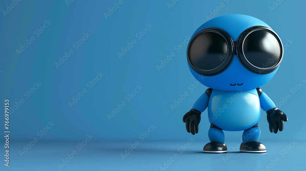 Little blue robot with sunglasses standing on a blue background. The robot has a friendly expression on its face and looks like it is ready to play.