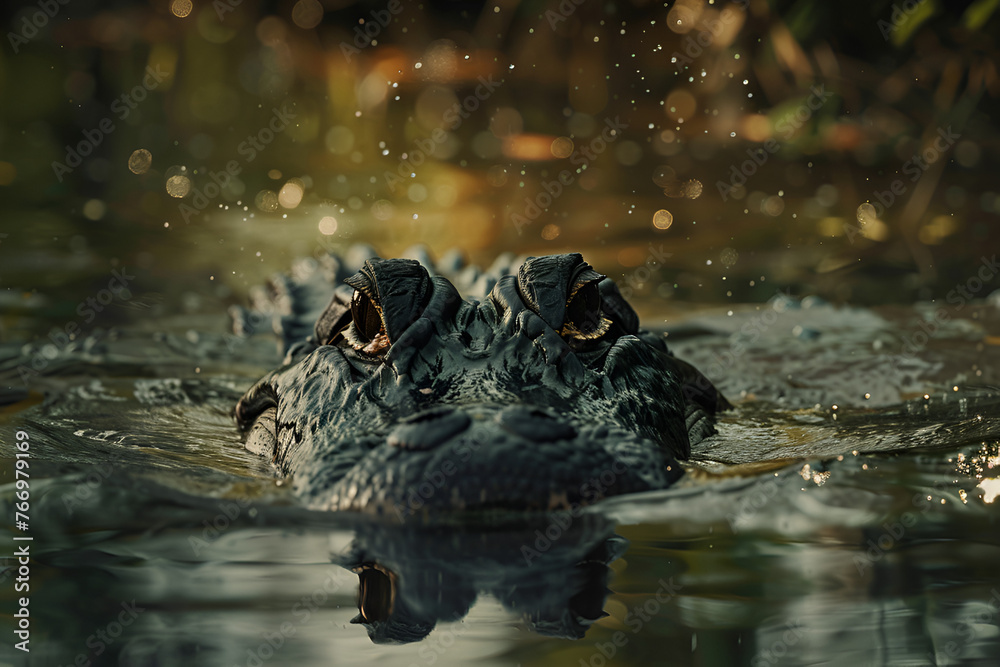A partially submerged alligator swimming in the river A partially submerged alligator swimming in the river