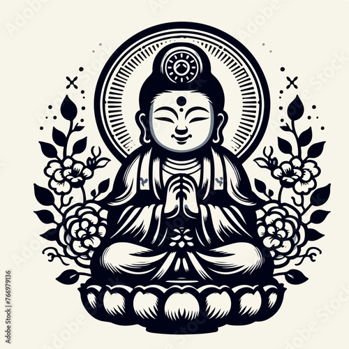 Traditional japanese kokeshi geisha doll and cute Jizo Monk with hands clasped in prayer. Bodhisattva Buddha asian souvenir statue outline illustration.