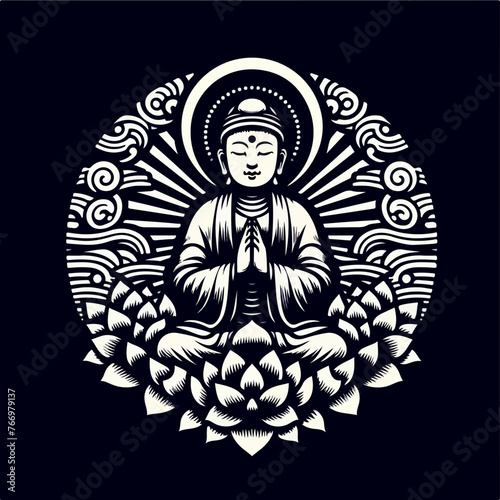 Traditional japanese kokeshi geisha doll and cute Jizo Monk with hands clasped in prayer. Bodhisattva Buddha asian souvenir statue outline illustration.