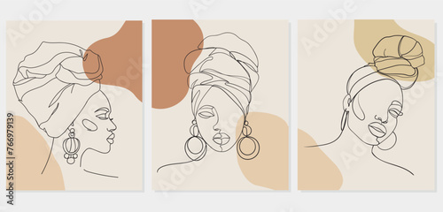 Set of Line art portrait African American women. Portrait of a woman. - Vector illustration