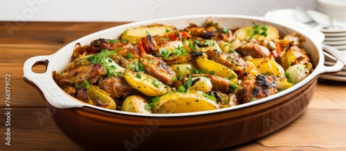 A staple food dish of potatoes and meat in a casserole sitting on a wooden table, showcasing a delicious recipe of hearty cuisine