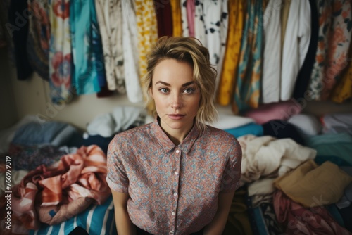 Portrait of a beautiful blonde woman in a room with clothes.