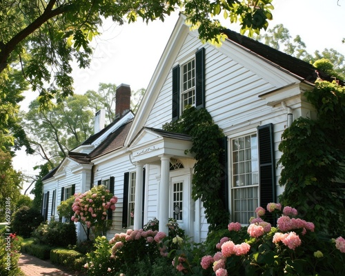 White Gable Clapboard House: A Sunny Suburban Home with Garden and Hydrangea