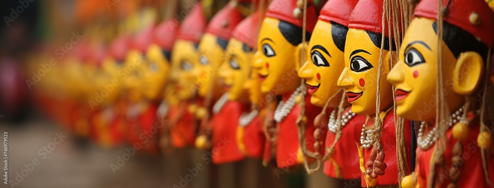 Naklejka premium wide background banner of Colorful human face mask dummies hanging on streets in Hindu cultural event Dussehra festival