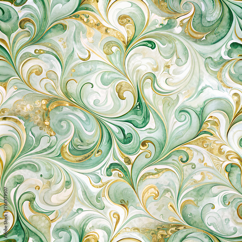 Texture background, seamless abstract marbleized texture background in shades of white, green and gold. The swirling pattern, tiles texture