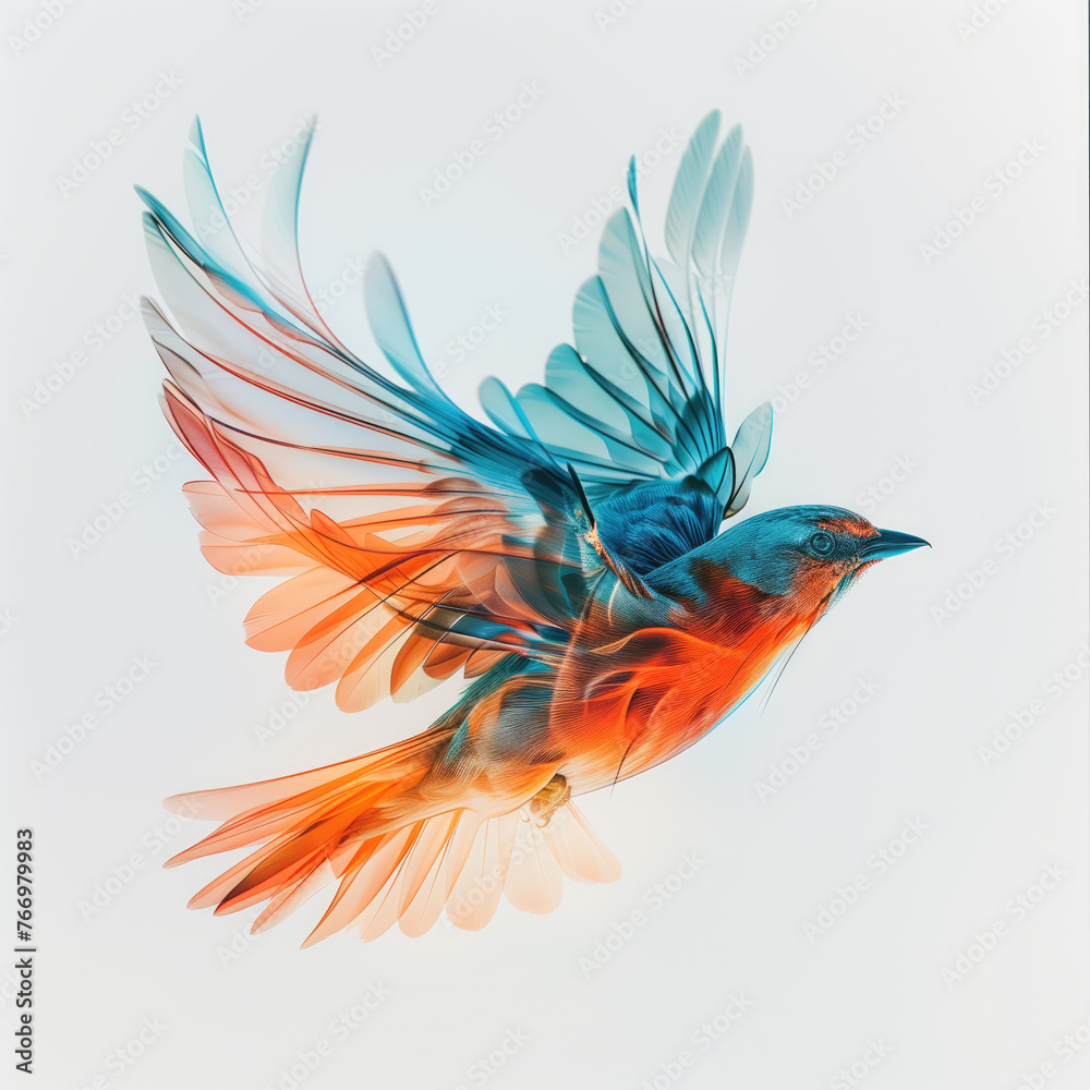 A vibrant digital artwork of a bird in mid-flight