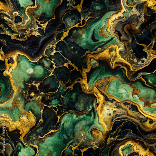 Texture background, seamless abstract marbleized texture background with black, green and gold, tiles texture