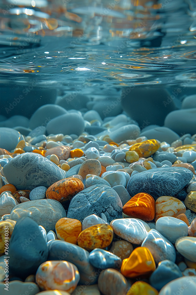 Obraz premium colorful small pebbles under the water. grean, yellow, blue tone. various colors. AI generative