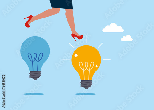 Woman jump from old to new shiny lightbulb idea. Business transformation, change management or transition to better innovative company, improvement. Flat vector illustration