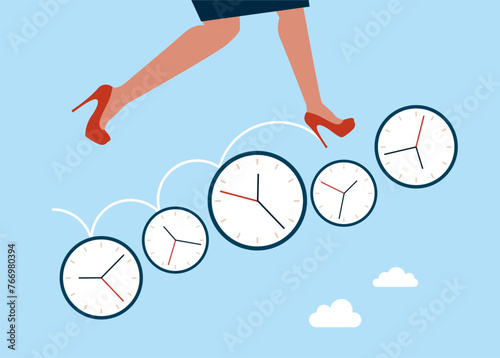 Business female running on group of time clocks. Manage time for rush. Flat vector illustration
