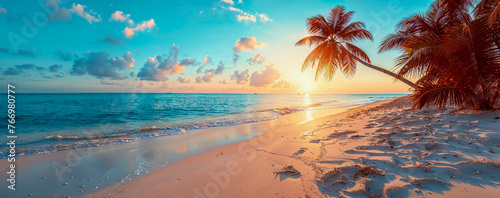 coucher de soleil sur une plage de sable fin et palmiers sur le côté - format panoramique avec espace vide pour bannière web photo