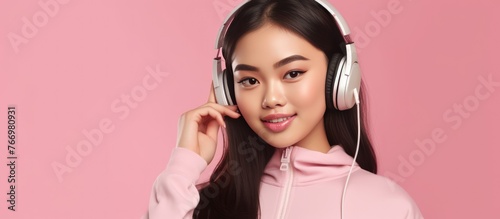 Young Asian teen woman showing smart phone she listening music in headphones