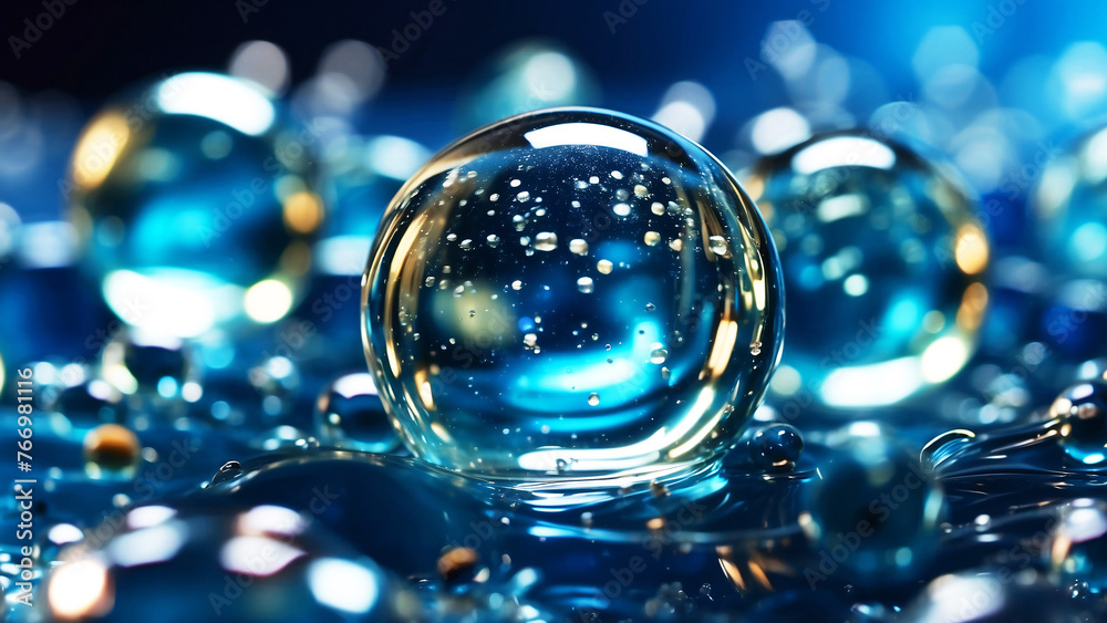Intricate details of reflective marbles covered in water with a captivating bokeh background