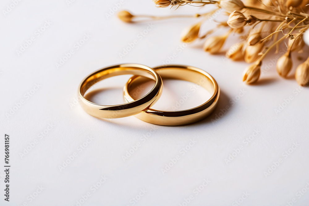 Warm colored wedding bands against a backdrop of dry flowers, depicting a timeless and mature love Warm colored wedding bands against a backdrop of dry flowers, depicting a timeless and mature love