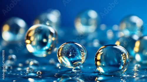 Pristine water droplets on crystal clear marbles set against a vibrant blue backdrop